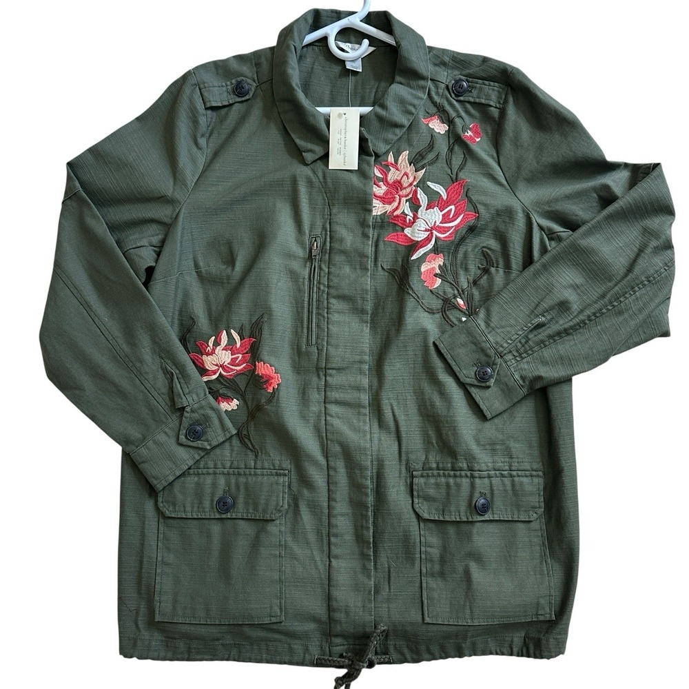Christopher Banks Jacket Womens Plus 1X Embroidered Floral Anorak Army Green NWT